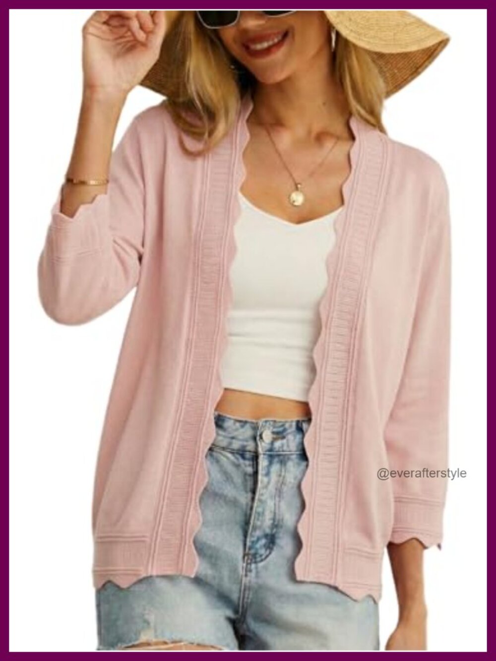 Women's Lightweight Open Front Cardigan 3/4 Sleeve Scalloped Trim Knit Shrug